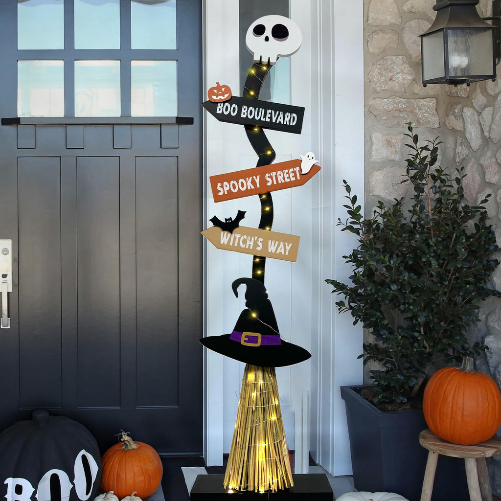 Lighted Halloween Wooden Witch Broom for Indoor Outdoor Decorations