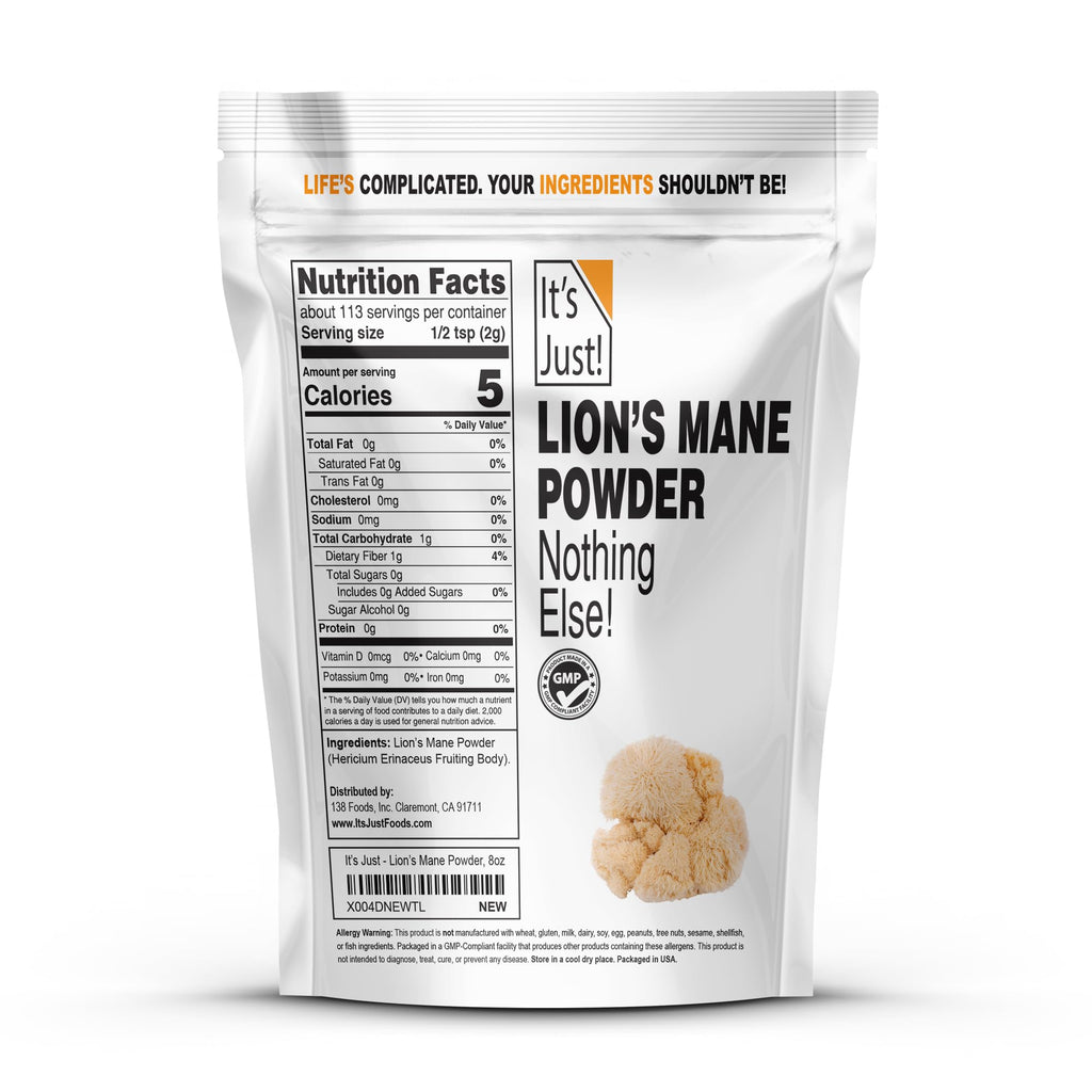 It's Just! - Lion's Mane Mushroom Powder, Natural Raw Superfood, Brain Support, Immune Health, Boost Energy, Non-GMO, 8oz