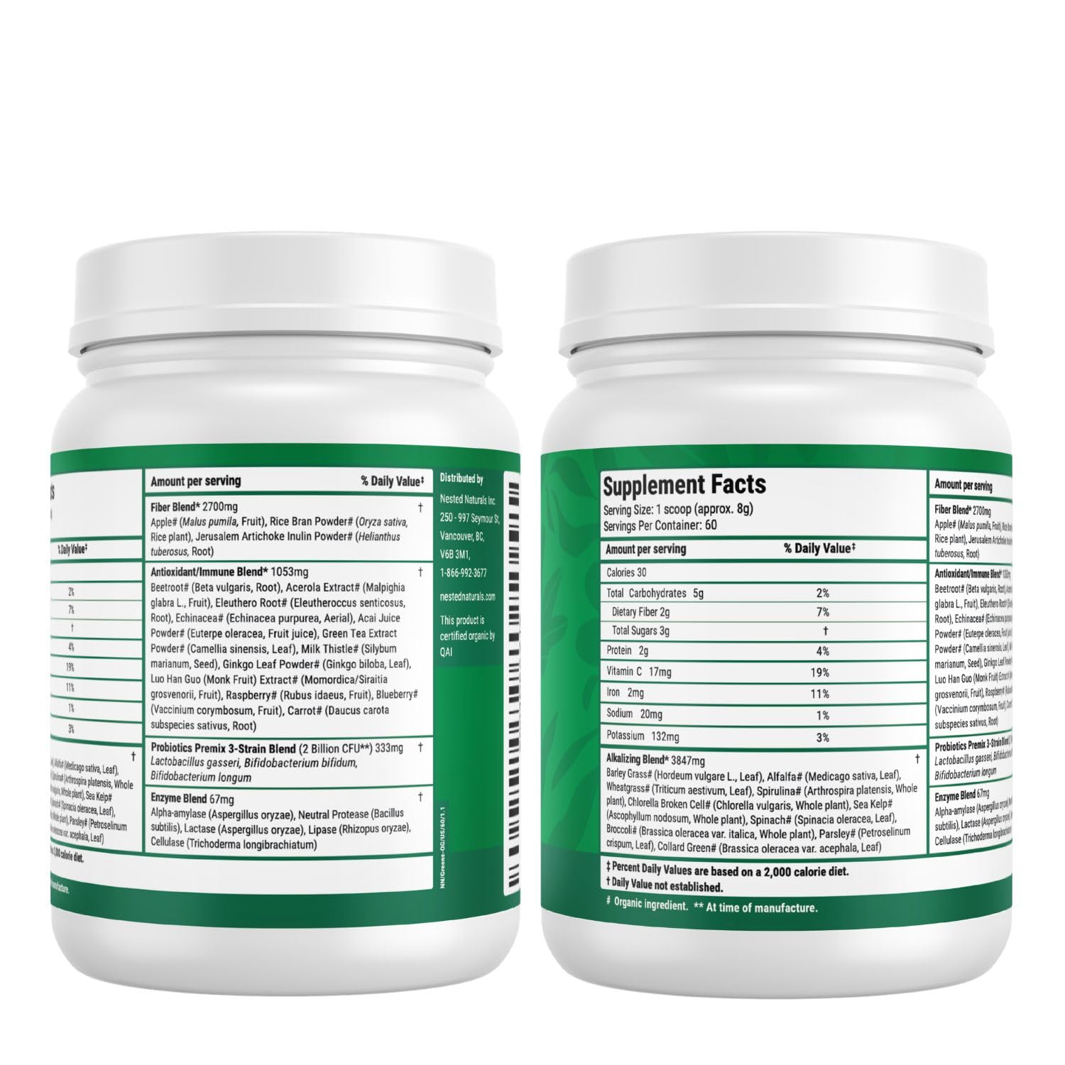 Nested Naturals Super Greens Daily Superfood Powder - Certified USDA Organic Green Powder w/Whole Foods, Spirulina Powder, Wheat & Barley Grass - Probiotics, Fiber & Enzymes - Original, 60 Servings
