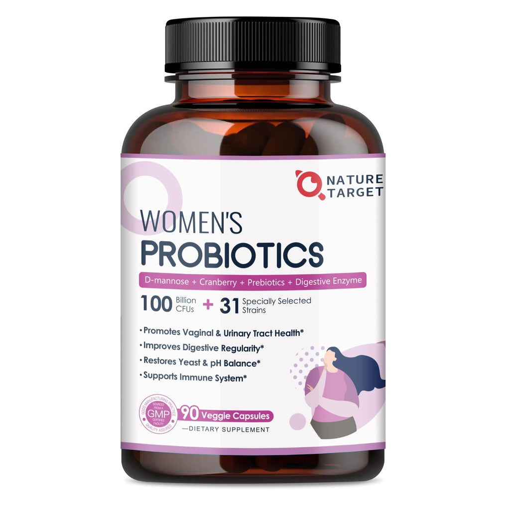 NATURE TARGET Probiotics for Women, 100 Billion CFU, 90 Veggie Capsules | Prebiotics & Enzymes Support Digestive Health & Gut Balance, With Cranberry For Vaginal & Urinary Tract Health, Shelf-Stable