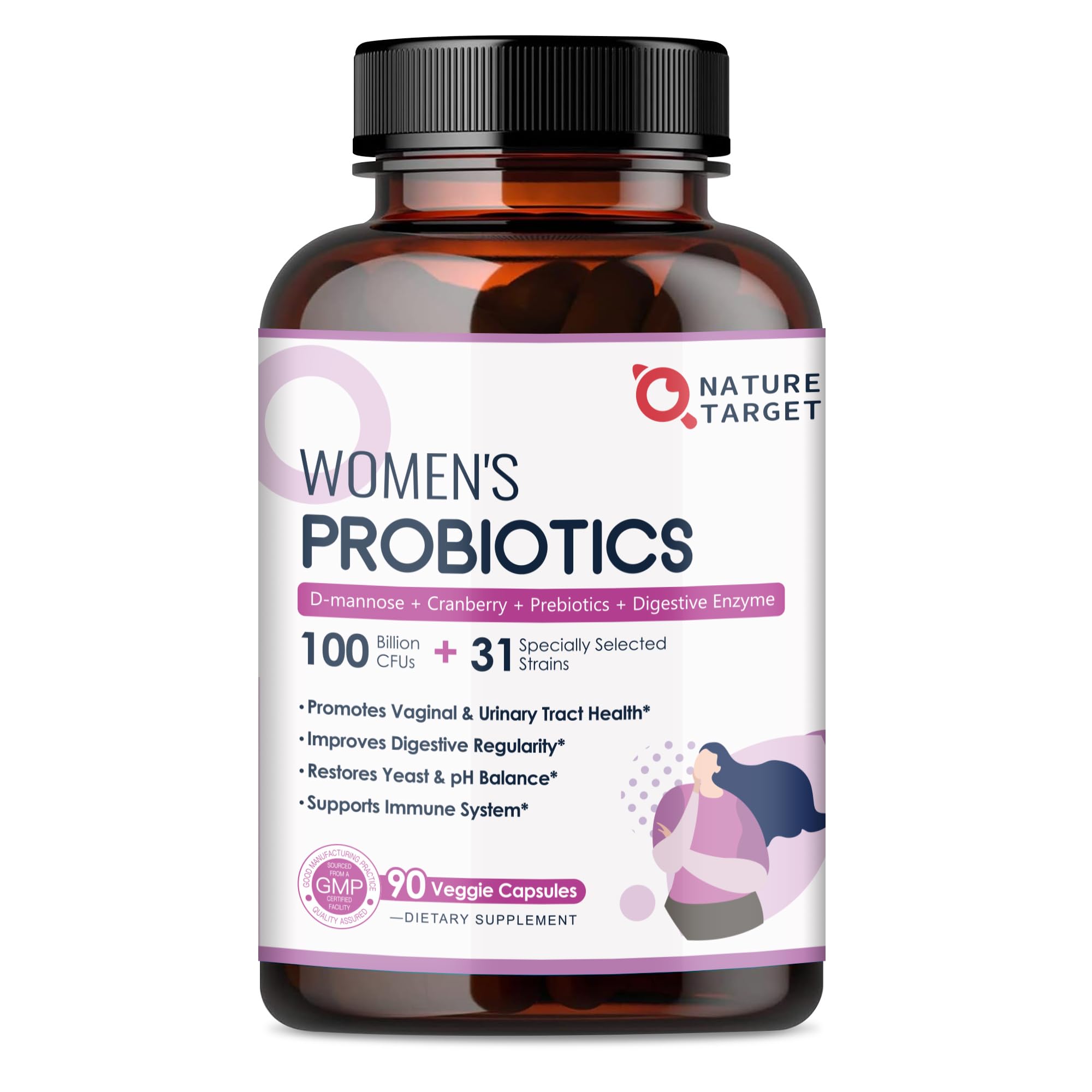NATURE TARGET Probiotics for Women, 100 Billion CFU, 90 Veggie Capsules | Prebiotics & Enzymes Support Digestive Health & Gut Balance, With Cranberry For Vaginal & Urinary Tract Health, Shelf-Stable