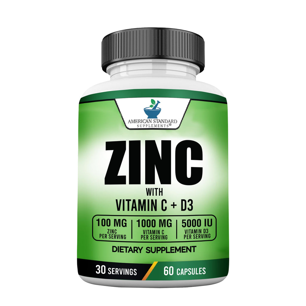 American Standard Supplements Zinc 100mg, Vitamin C 1000mg, and Vitamin D3 5000 IU (125mcg) Per Serving - Gluten Free, Non-GMO, 120 Capsules, 60 Servings