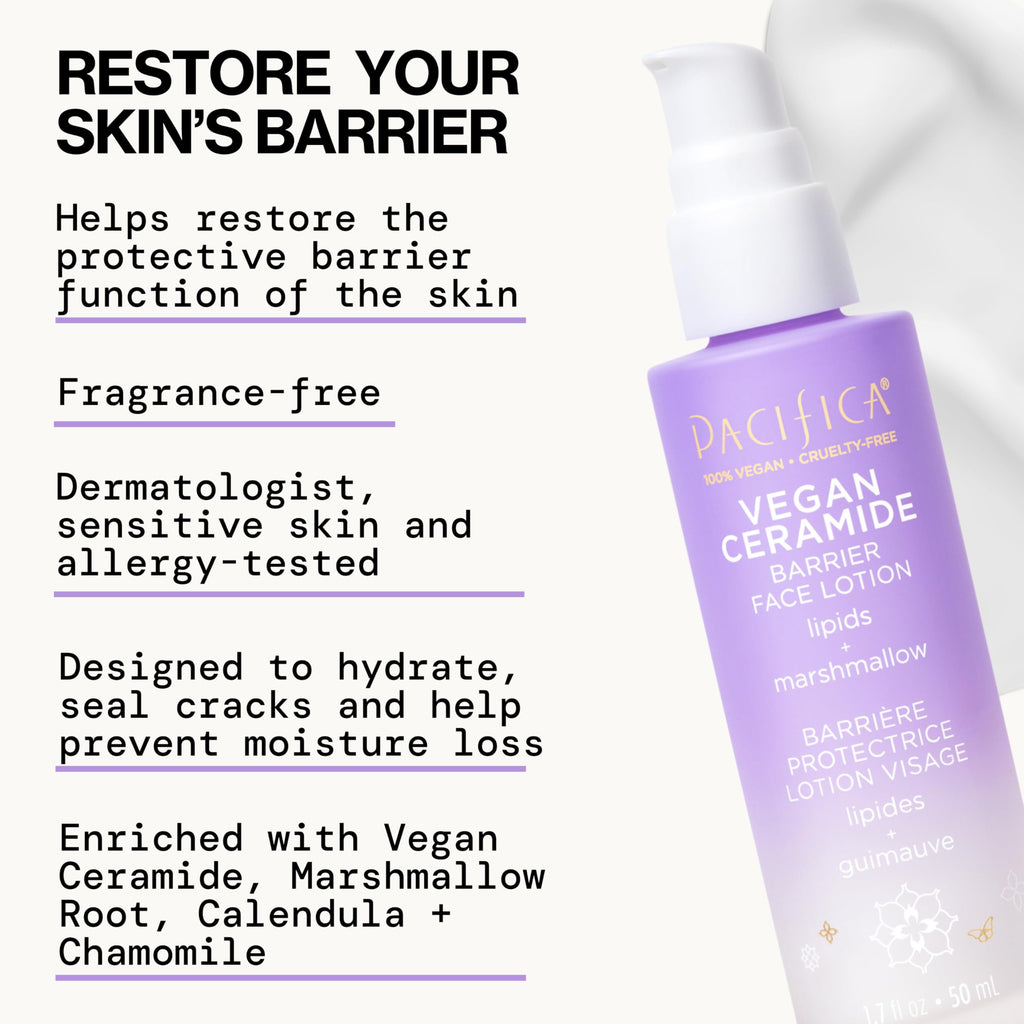 Pacifica Vegan Ceramide Barrier Repair Face Lotion, Hydrating, Lightweight Moisturizer, For Dry Skin, Dermatologist Tested, Safe for Sensitive Skin, Fragrance Free, 100% Vegan + Cruelty Free