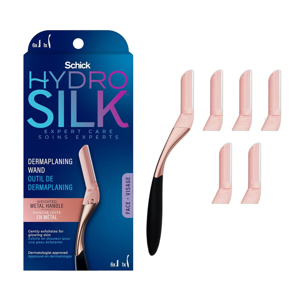 Buy now Schick Hydro Silk Dermaplaning Wand, Dermaplaning Tool for Face | Dermaplane Razor for Women Face, Eyebrow Razor, Peach Fuzz Remover, Includes 1 Weighted Metal Handle with 6 Refill Blades at indiglob india