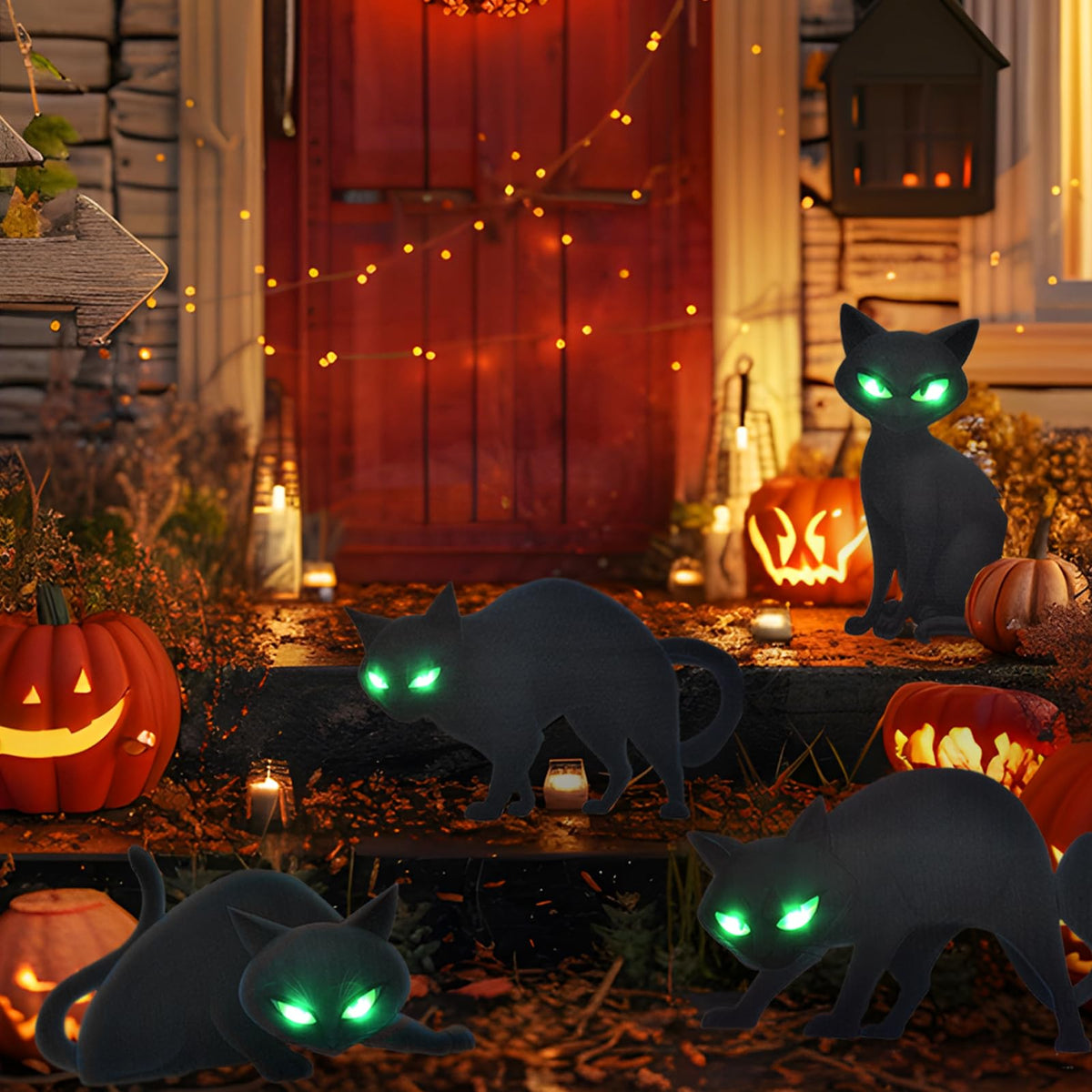 Lighted Black Cat Decor Yard Signs, 4 PCS Halloween Decorations Outdoor Scary Black Cat with LED Lights Glow Eyes for Lawn Garden Yard Stakes Outside Halloween Decoration Decor Clearance