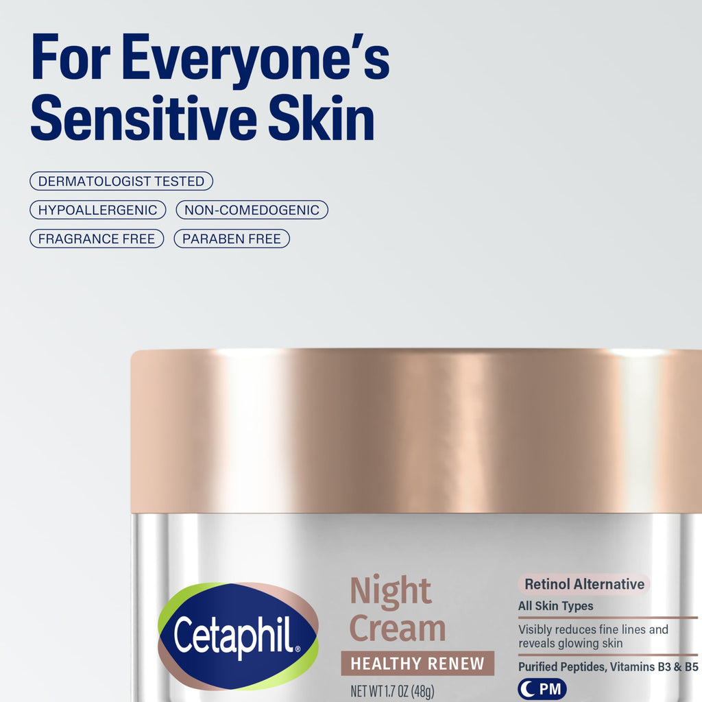 Cetaphil Healthy Renew Night Face Cream, Anti-Wrinkle, Peptides, 1.7 oz | Skin Tightening, Wrinkle Repair, Retinol Alternative, Fragrance Free, Sensitive Skin, Firming Peptide Night Cream For Women