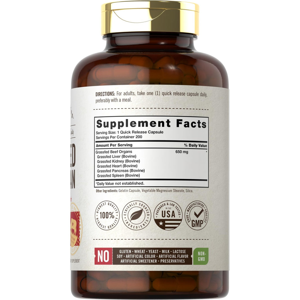Carlyle Grass Fed Beef Organ Complex | 200 Capsules | Pasture Raised | Grain Free | with Desiccated Liver, Kidney, Pancreas, Heart, Spleen | Non-GMO, Gluten Free | by Herbage Farmstead