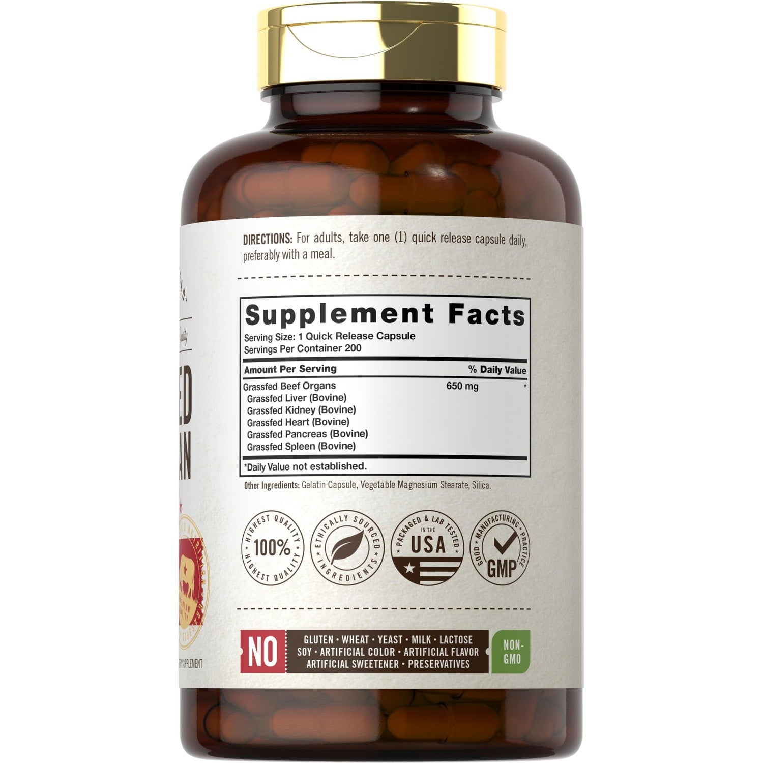 Carlyle Grass Fed Beef Organ Complex | 200 Capsules | Pasture Raised | Grain Free | with Desiccated Liver, Kidney, Pancreas, Heart, Spleen | Non-GMO, Gluten Free | by Herbage Farmstead