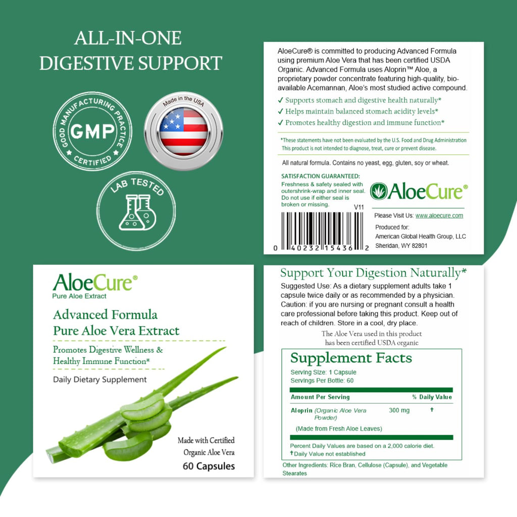 Aloe Vera Capsules for Gut Health & Digestive Comfort 60ct x 300mg | Gently Support Gut Health & Digestive Comfort. Vegan, non-GMO Aloe leaf extract. Aloin Free Naturally Support Immune Health