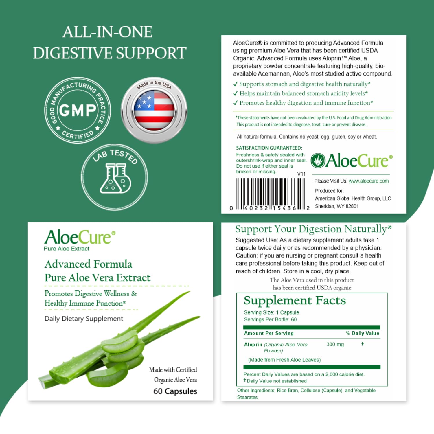 Aloe Vera Capsules for Gut Health & Digestive Comfort 60ct x 300mg | Gently Support Gut Health & Digestive Comfort. Vegan, non-GMO Aloe leaf extract. Aloin Free Naturally Support Immune Health