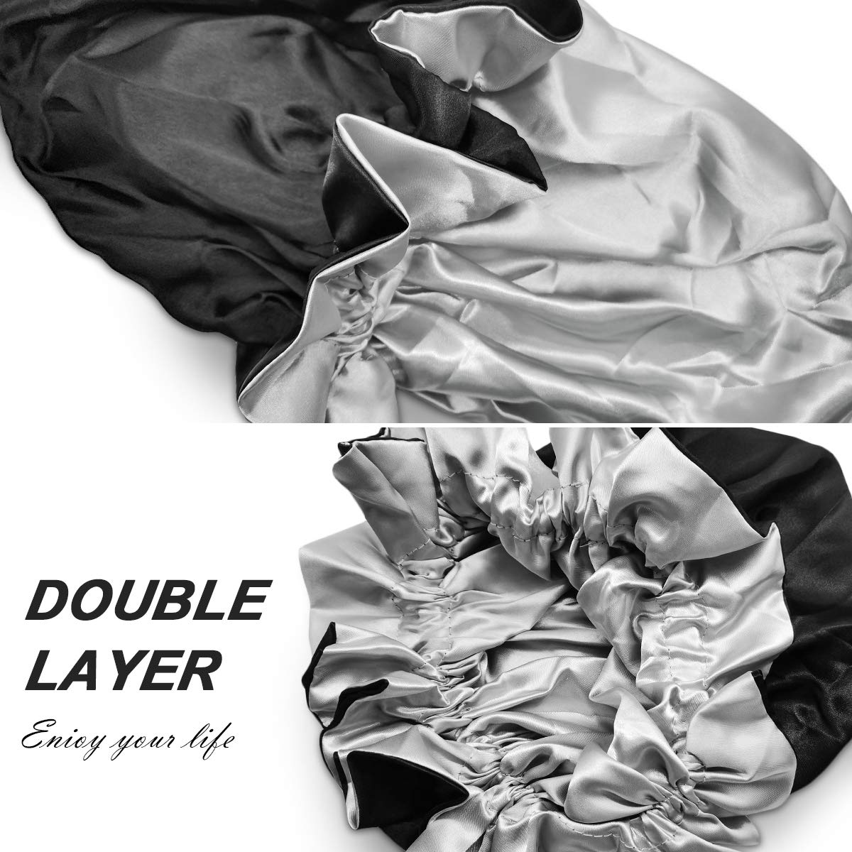 Buy now Silk Bonnets for Women,Double Layer Extra Large Satin Sleeping Cap with Elastic,Satin Bonnet for Curly Hair,Satin Cap for Natural Hair, Women Girl(Black) at indiglob india