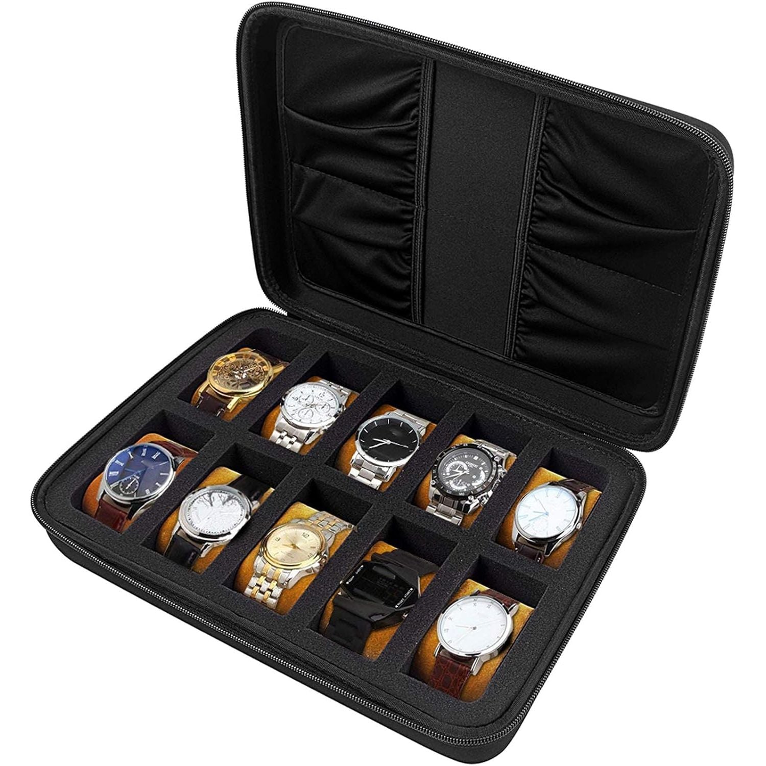 Buy now Comecase 10 Slots Watch Box Organizer/Men Watch Display Storage Case Fits All Watches up to 42mm with Extra 4 Pocket (Black) 10 Slots 10 Slots Black+ Brown Pillow at indiglob india