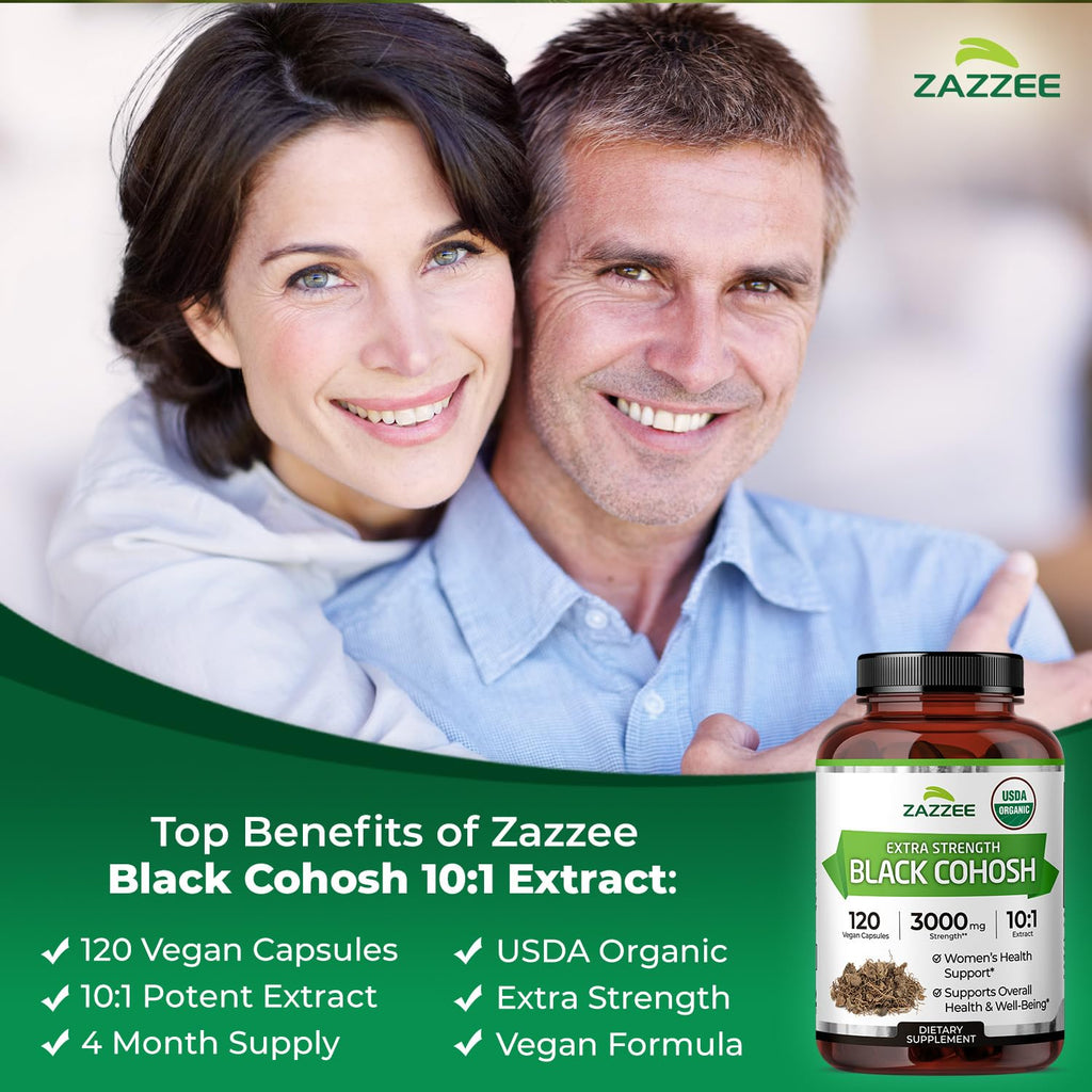 Zazzee USDA Organic Black Cohosh 10:1 Extract, 120 Vegan Capsules | 4 Month Supply, Actaea Racemosa, Women’s Health & Hormonal Balance Support, All-Natural, Non-GMO, Made in the USA