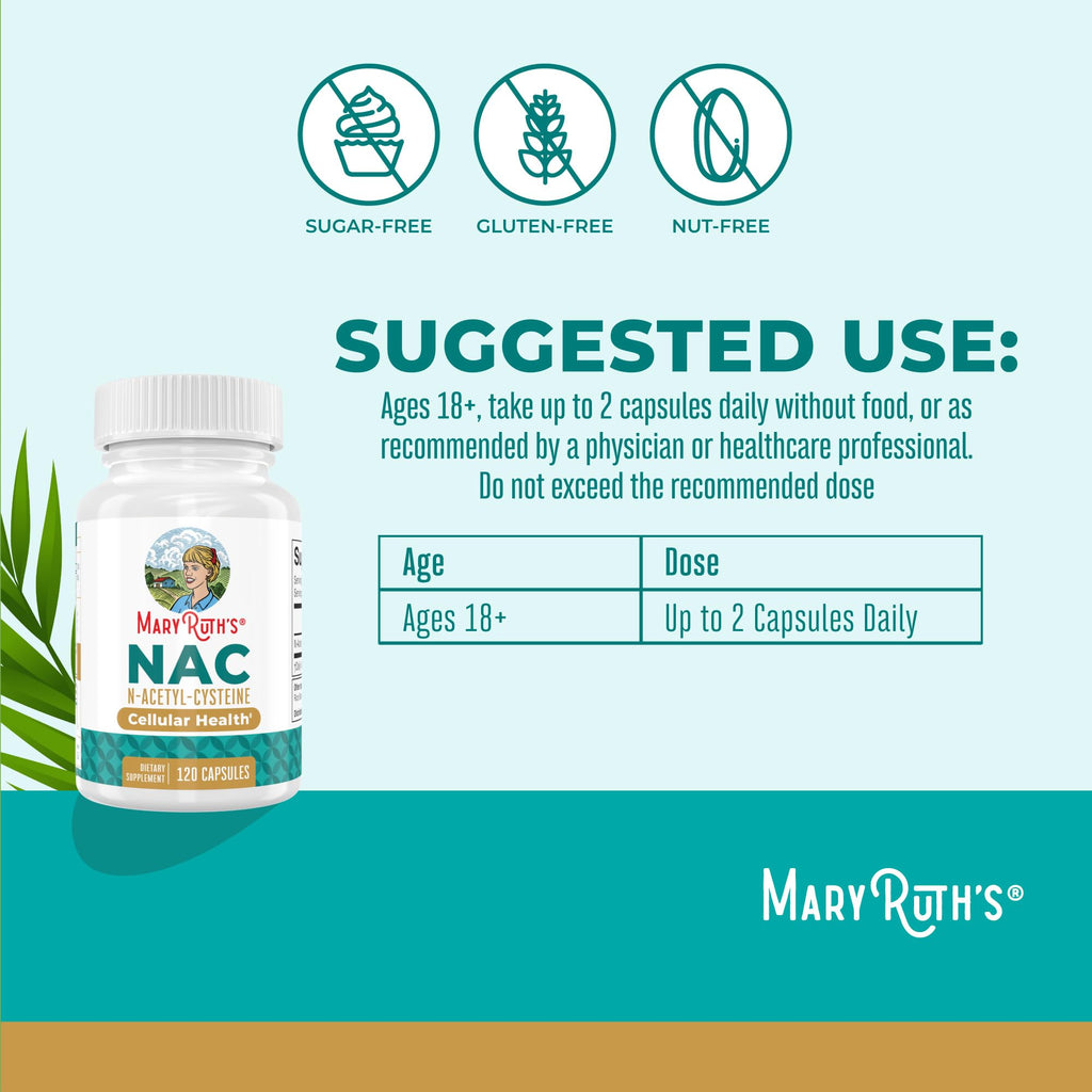 MARYRUTH'S NAC Supplement N-Acetyl Cysteine Capsules, Glutathione Precursor | Glutathione Precursor, Amino Acid, Cellular Health, Vegan, Non-GMO