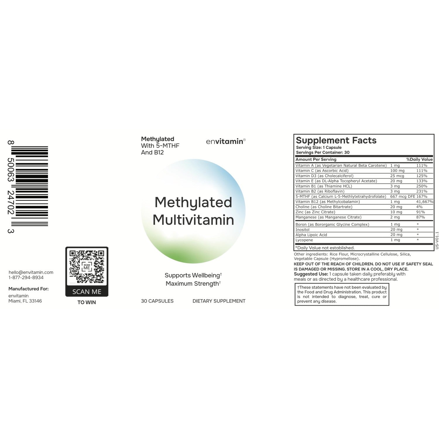 envitamin Methylated Multivitamin Multimineral Complex with L Methylfolate, Methylated B12, 5-MTHF, Inositol, and Lycopene