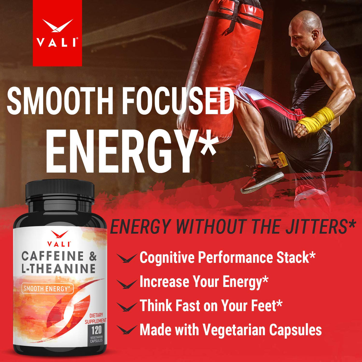 VALI Caffeine 50mg & L Theanine 100mg - Caffeine Pills & L-Theanine for Smart Smooth Energy & Focus Supplement. Nootropic Brain Booster Cognitive Support Stack & Focused Clarity. 120 Veggie Capsules