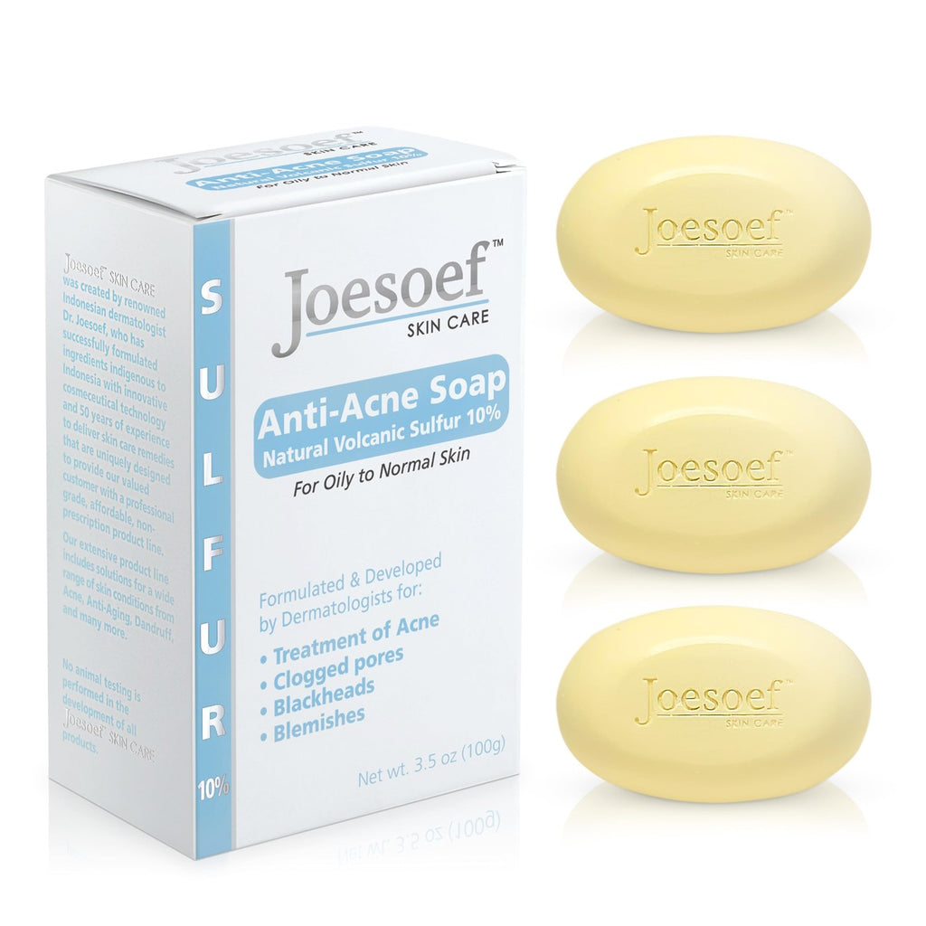 Joesoef Anti-Acne Soap, Natural Volcanic Sulfur 10%, for Oily to Normal Skin, 3.5-Ounces (Pack of 3)