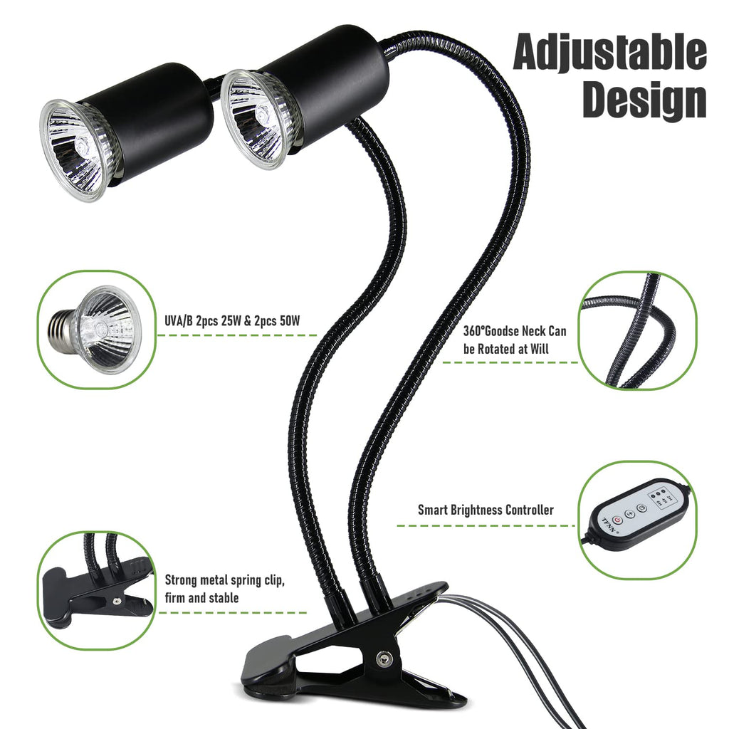 TFNN Reptile Heat Lamp, Double-Head Heat Lamp with Clamp, UVA UVB Reptile Light with Intelligent Cycle Timer for Turtle, Bearded Dragon, Lizard and More, 2 Bulbs 25W+50W