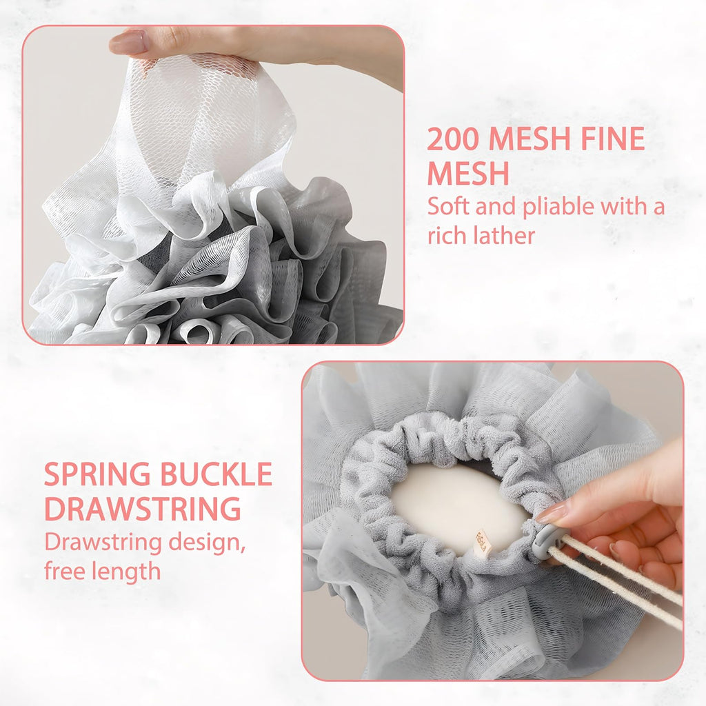 3 PCS Bar Soap Loofah Pouch, New 2 in 1 Drawstring Loofah Soap Holder, Exfoliation Mesh Shower Ball for Cleansing and Smooth Skin (Beige+Grey+Pink)