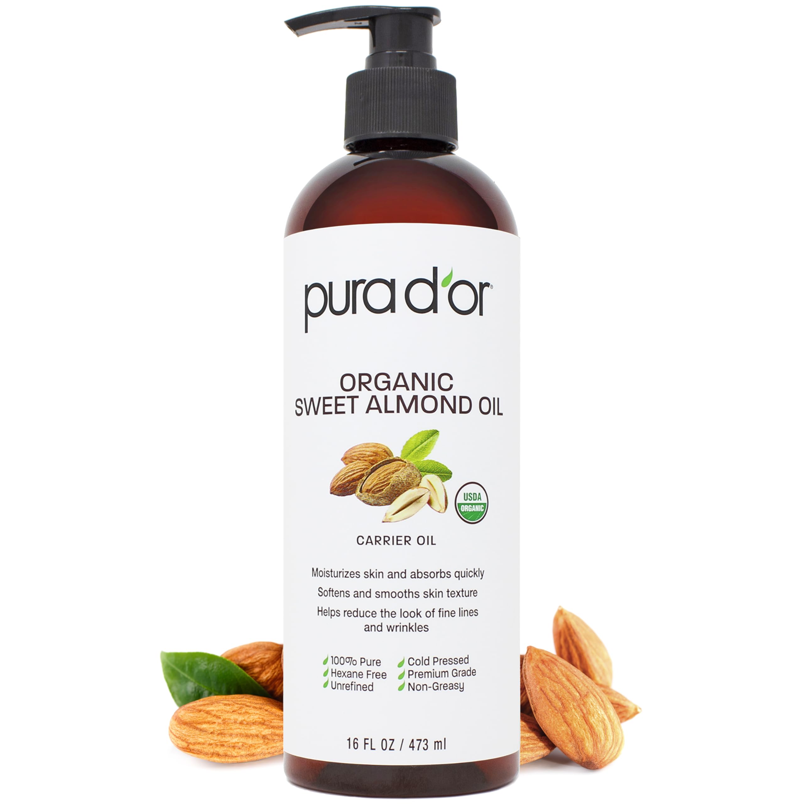 PURA D'OR ORGANIC Sweet Almond Oil, Pure Carrier Oil for Hair & Skin, 16 Oz | Moisturizes dry skin & softens strands; fast-absorbing, non-greasy feel for DIY beauty, massage & bath blends; USDA Certified
