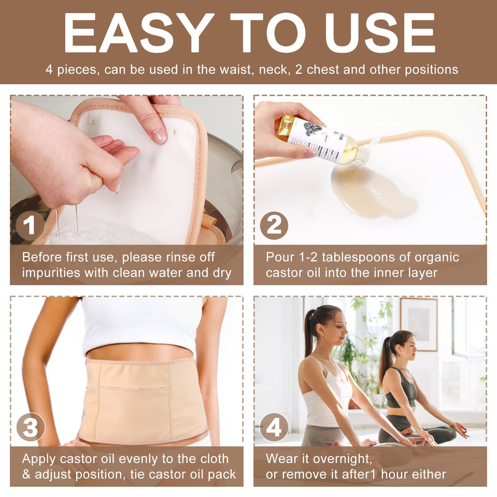 6 Pcs Castor Oil Pack Wrap, Organic Cotton Castor Oil Pack Kit