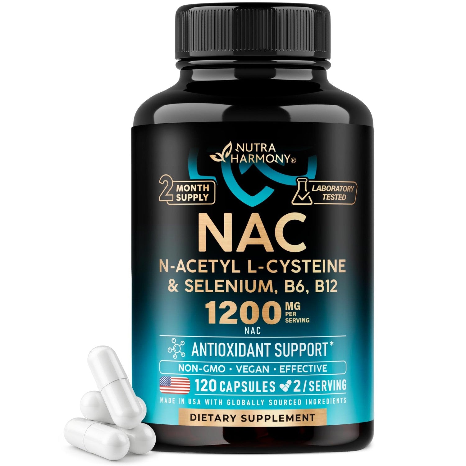 NAC Supplement with Selenium, B6 & B12 - NAC 1200 mg - Lab Tested, 120 Caps | N Acetyl Cysteine 600 mg/caps, 1200 mg/serving - Antioxidant & Immune Support - Non-GMO, Gluten-Free, Vegan - 60-Day Supply