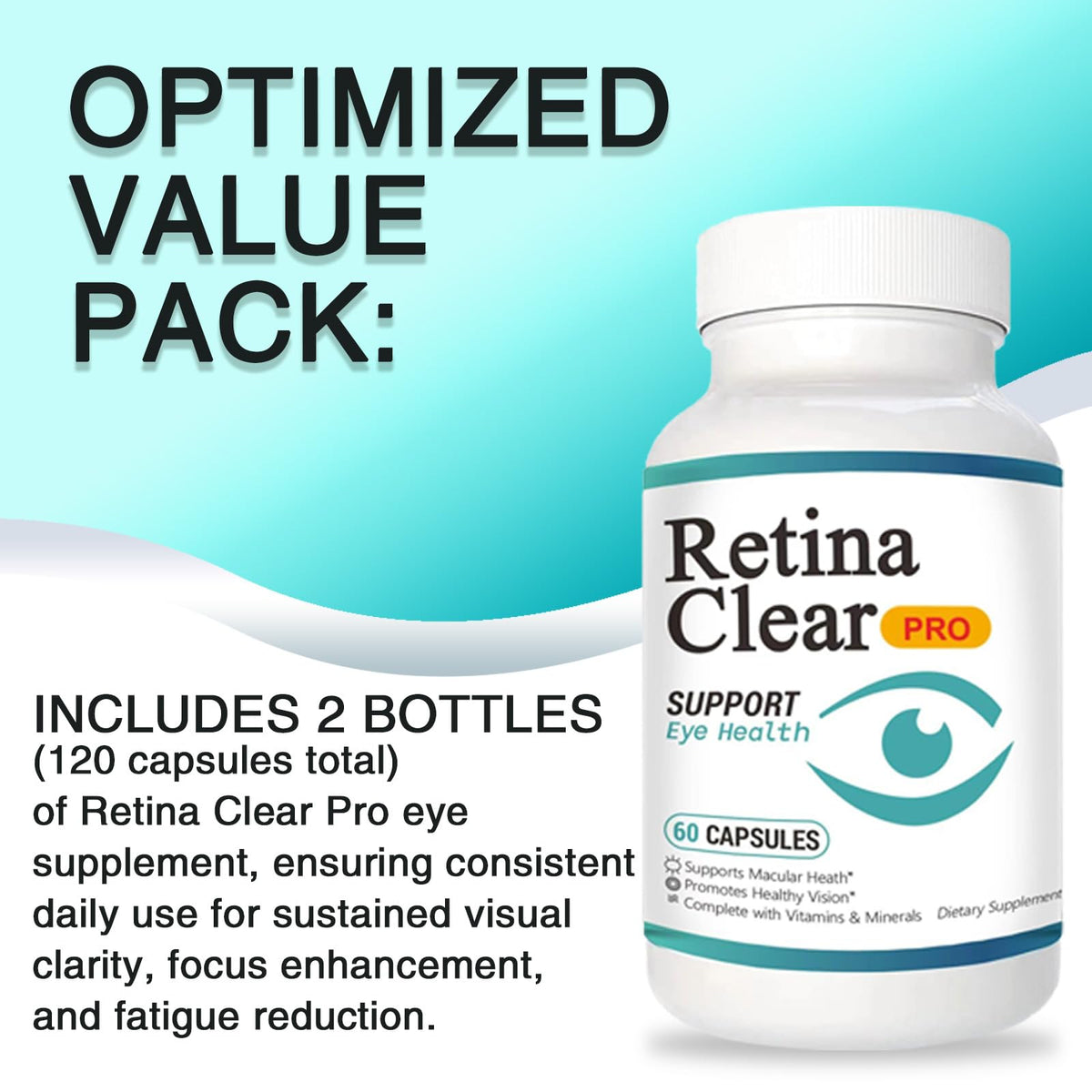 Retina Clear Pro Eye Health Support Supplement, with Minerals and Vitamins, Lutein and Bilberry Extract Supports Visual Clarity, Eye Fatigue Relief & Focus（2PCS）