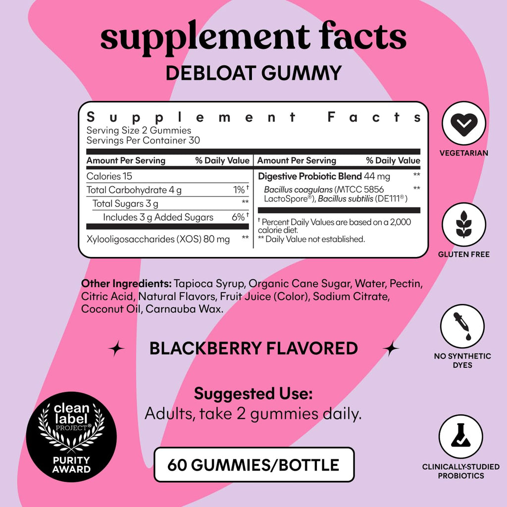 Lemme Debloat Digestive & Gut Health Gummies, 30-Day Supply | 2 Clinically Studied Probiotics & Prebiotic, Vegetarian, Gluten Free, Non GMO, BlackBerry Flavor