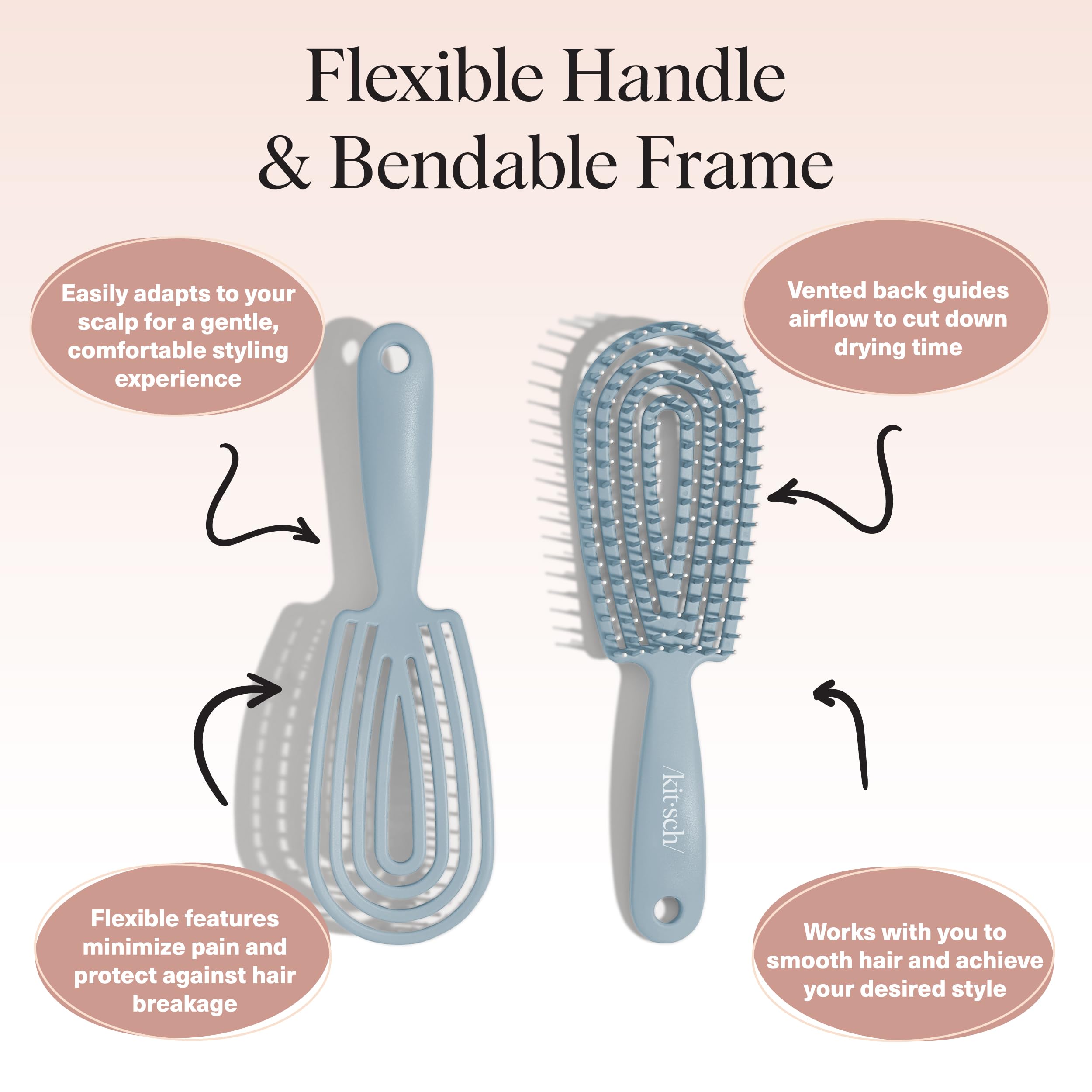 Kitsch Flexi Flow Detangler Brush, Hair Brushes For Women - Haze Blue | Brush Detangler for Women, Men & Kids, Curly Hair Brush w/ Bendable Frame, Bounce Curl Defining Brush for Wet or Dry Strands