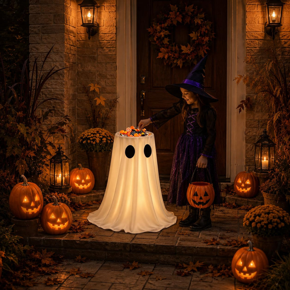 30 in Large-Capacity Lighted Halloween Ghost Candy Bowl with Timer Remote