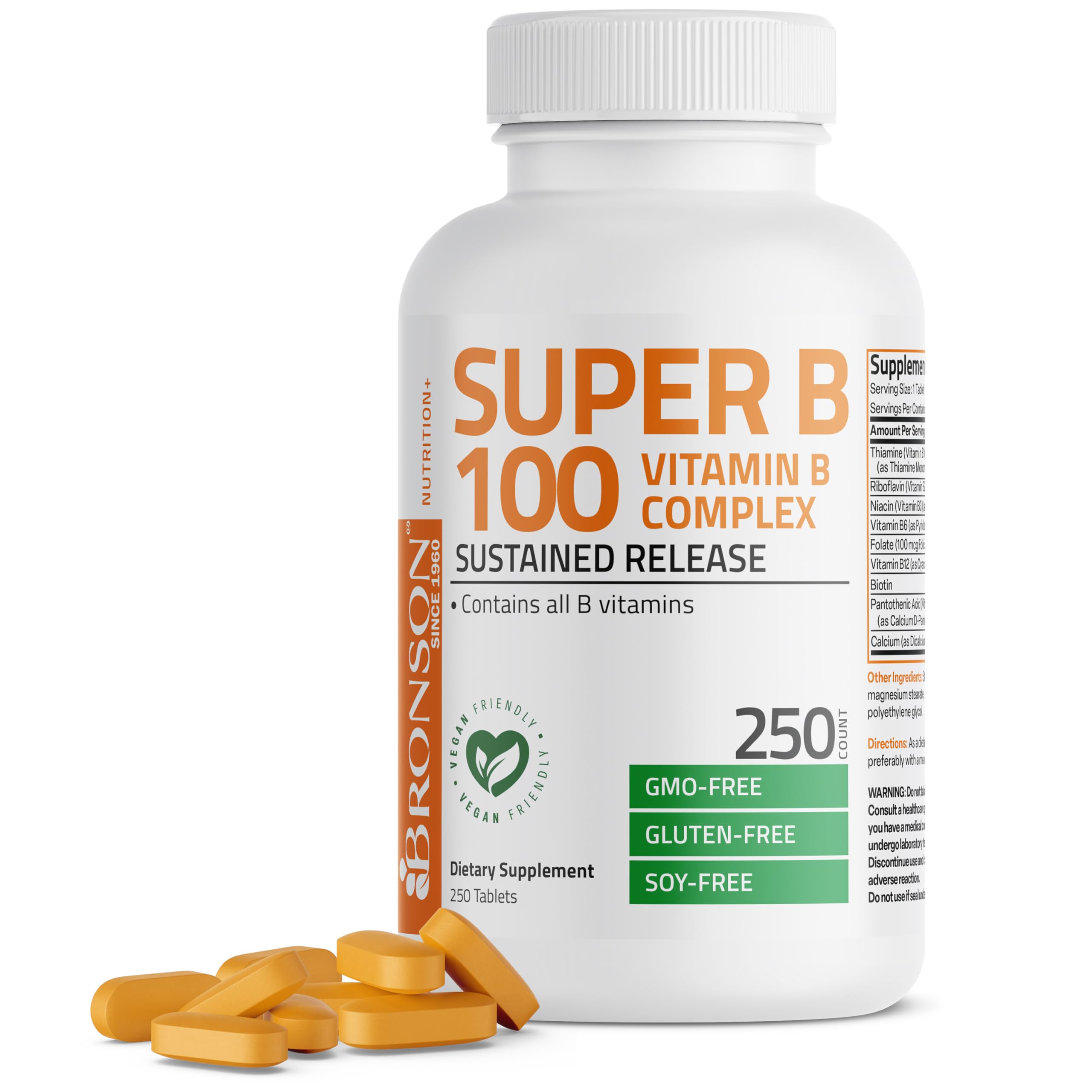 Bronson Super B100 Vitamin B Complex Sustained Release, 120 Tablets | B1, B2, B3, B6, Folic Acid, B12, Biotin & Pantothenic Acid, Energy & Nerve Support, Non-GMO, Gluten-Free & Soy-Free