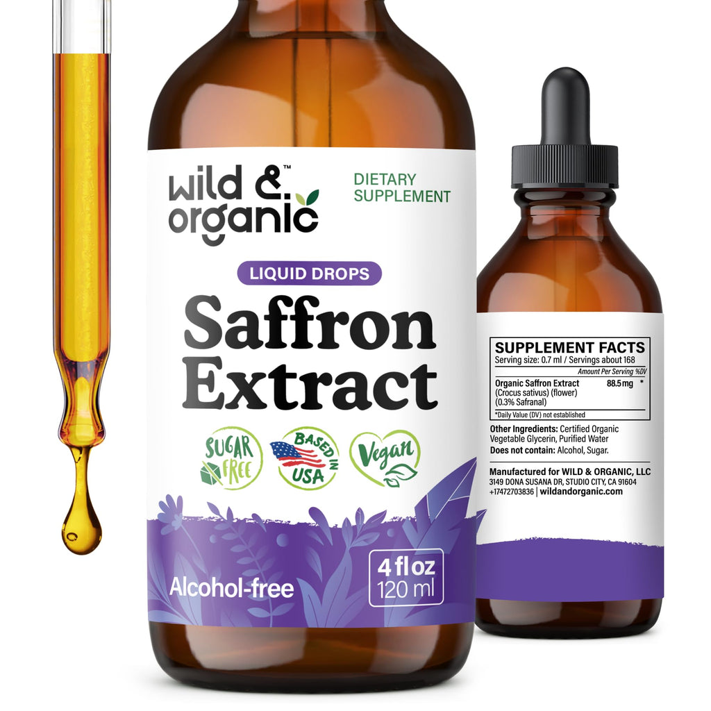Wild & Organic Saffron Supplements 88.5 mg - Mood, Focus, Eye Support - 4oz | Saffron Extract Liquid Drops - Add to Tea - 5-Month Supply - Crocus Sativus Herb - Vegan, No Sugar & Alcohol-Free Tincture