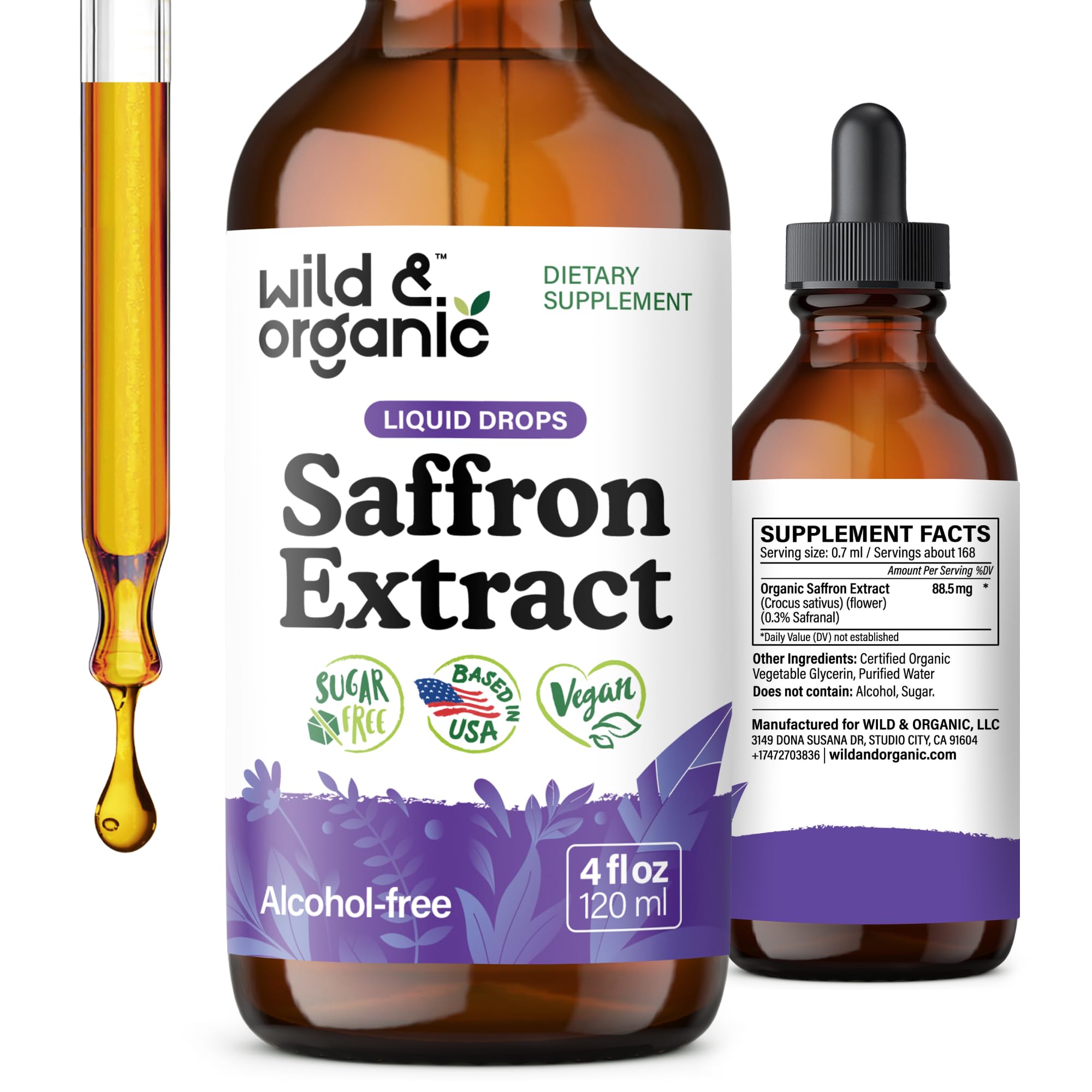 Wild & Organic Saffron Supplements 88.5 mg - Mood, Focus, Eye Support - 4oz | Saffron Extract Liquid Drops - Add to Tea - 5-Month Supply - Crocus Sativus Herb - Vegan, No Sugar & Alcohol-Free Tincture