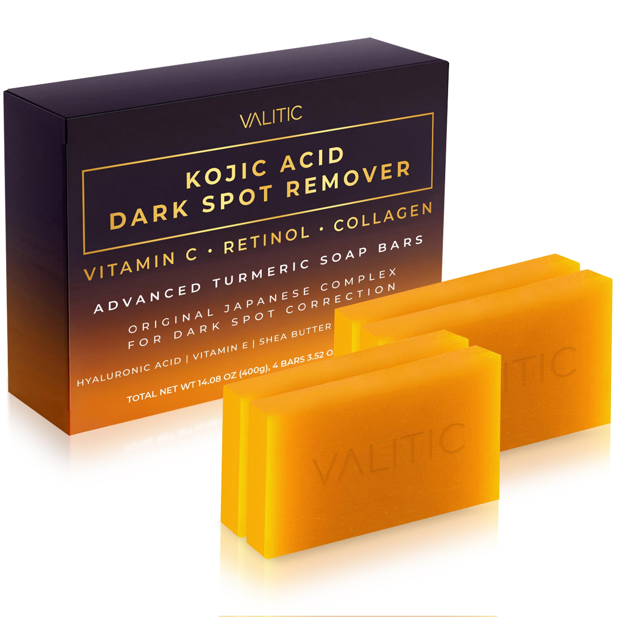 Buy now VALITIC Kojic Acid Dark Spot Remover Soap Bars with Vitamin C, Retinol, Collagen, Turmeric - Original Japanese Complex Infused Hyaluronic Acid, E, Shea Butter, Castile Olive Oil (4 Pack) 4 Pack at indiglob india