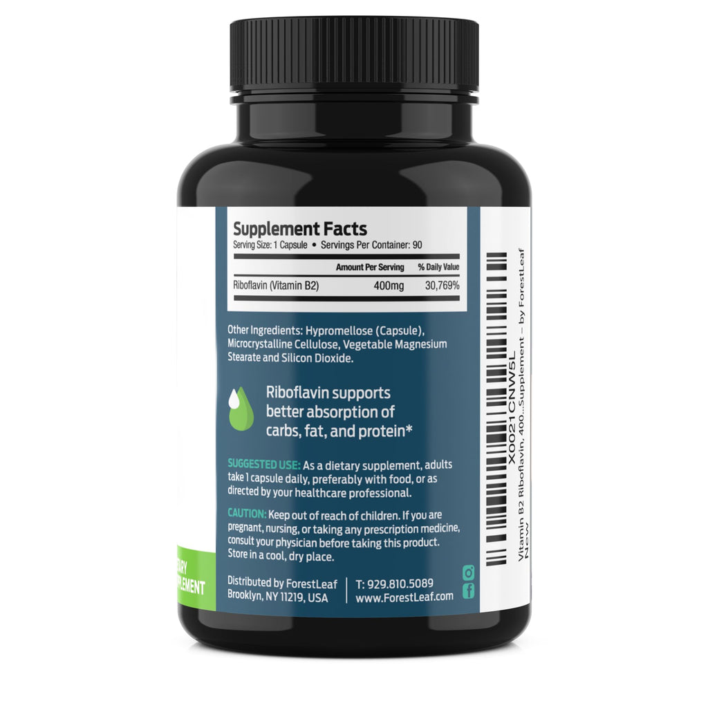 ForestLeaf Vitamin B2 riboflavin 400mg, Non GMO Gluten Free, 90 Count | High-Potency B2 Vitamin For Cellular Energy, Skin And Nervous System Support; Non-GMO, Gluten-Free, Vegetarian, Made In USA
