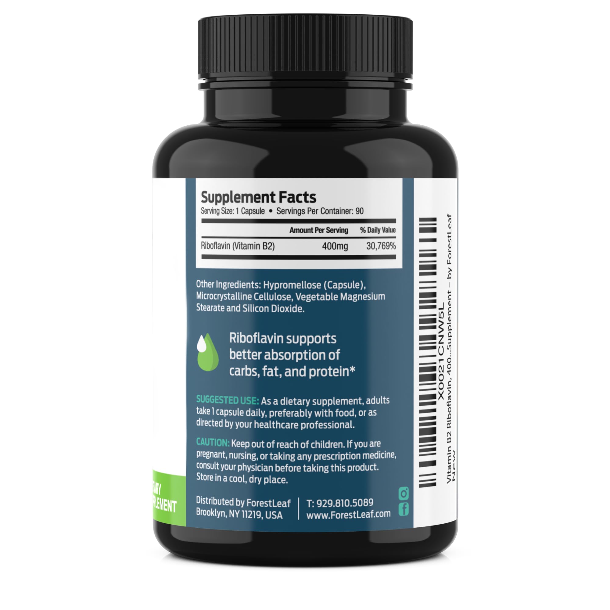 ForestLeaf Vitamin B2 riboflavin 400mg, Non GMO Gluten Free, 90 Count | High-Potency B2 Vitamin For Cellular Energy, Skin And Nervous System Support; Non-GMO, Gluten-Free, Vegetarian, Made In USA