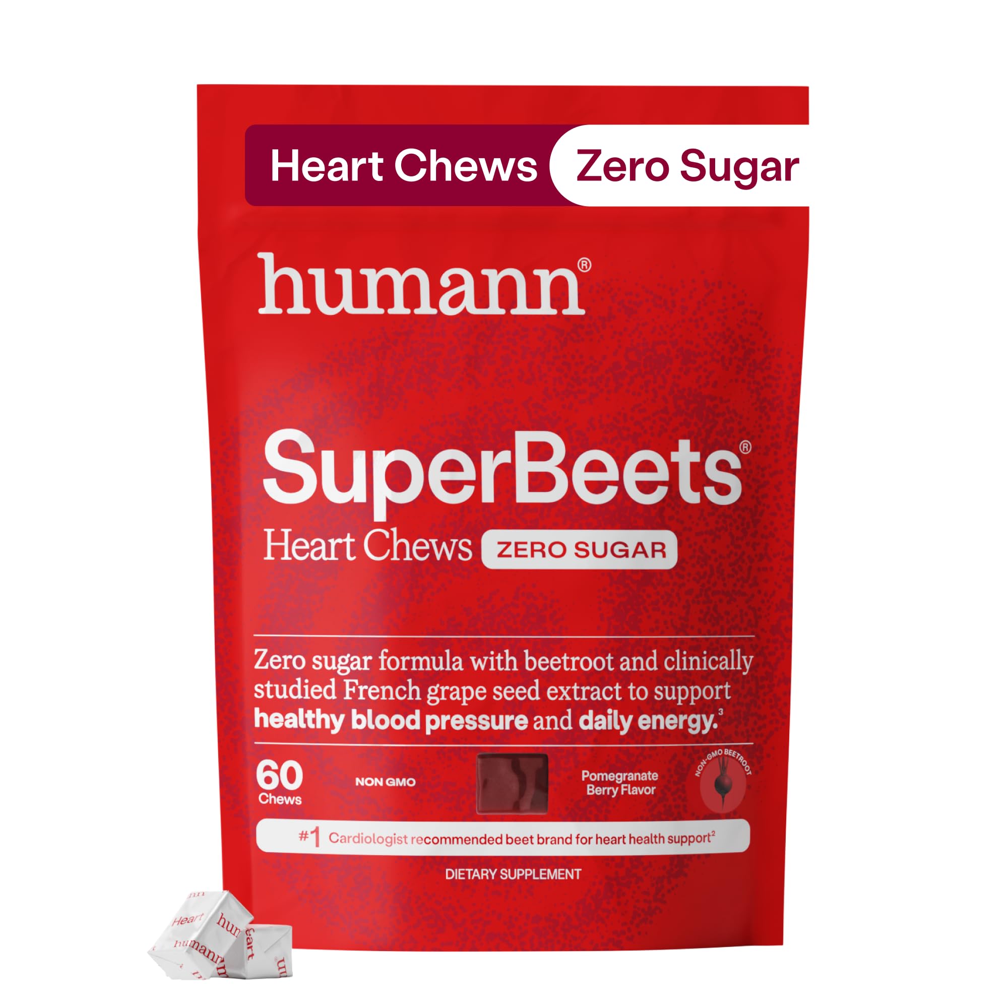 HumanN SuperBeets Heart Chews Zero Sugar, Pomegranate Berry Flavor, 180 Ct | Blood Pressure Support, Nitric Oxide Support, Heart Health & Energy, Non-GMO Beet Root Powder, Grape Seed Extract, Once Daily
