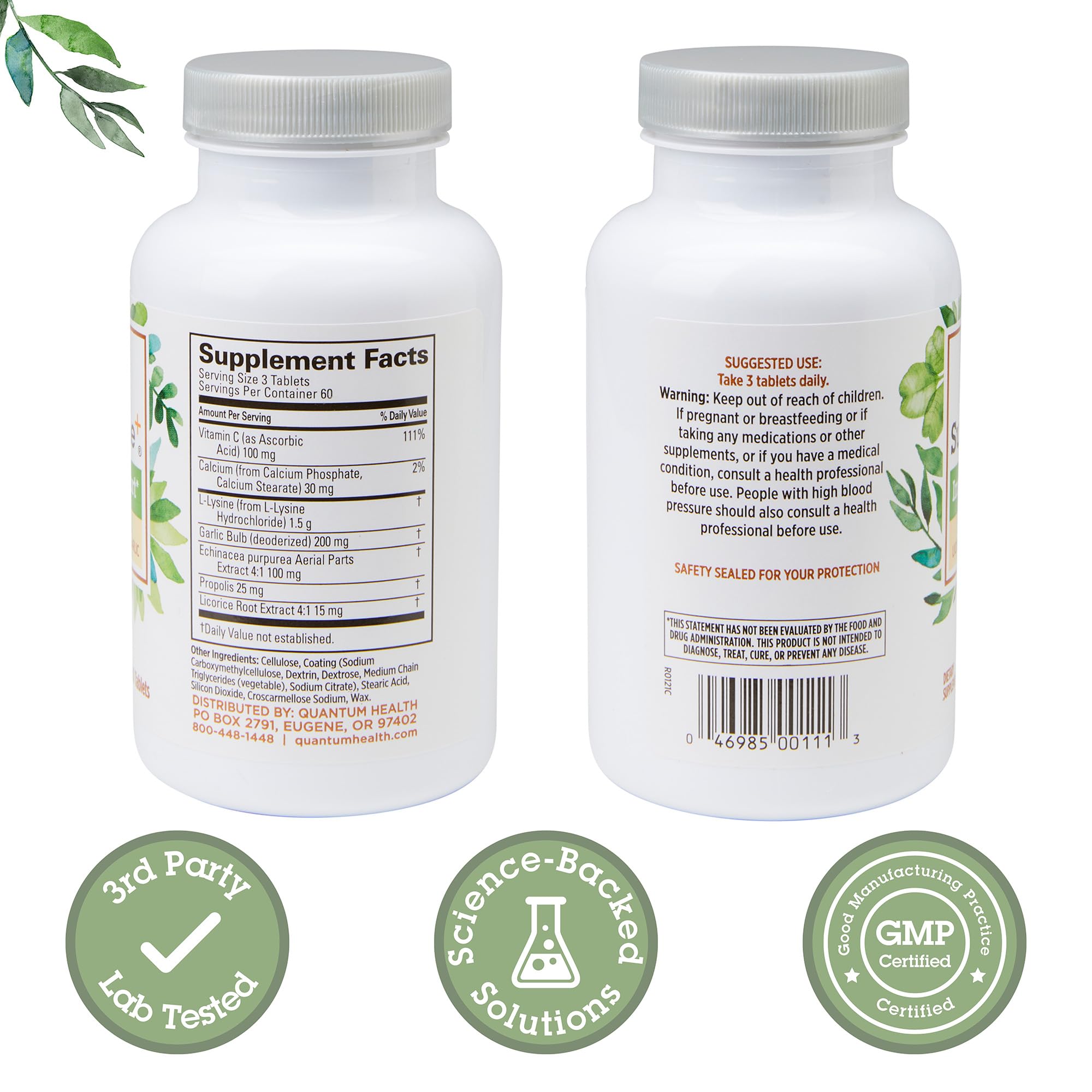 Quantum Health SuperLysine+ 1500mg L-lysine Immune Support 180 Tablets | Essential Amino Acid, Vitamin C, Echinacea, Licorice, Bee Propolis & Odorless Garlic, Daily Formula