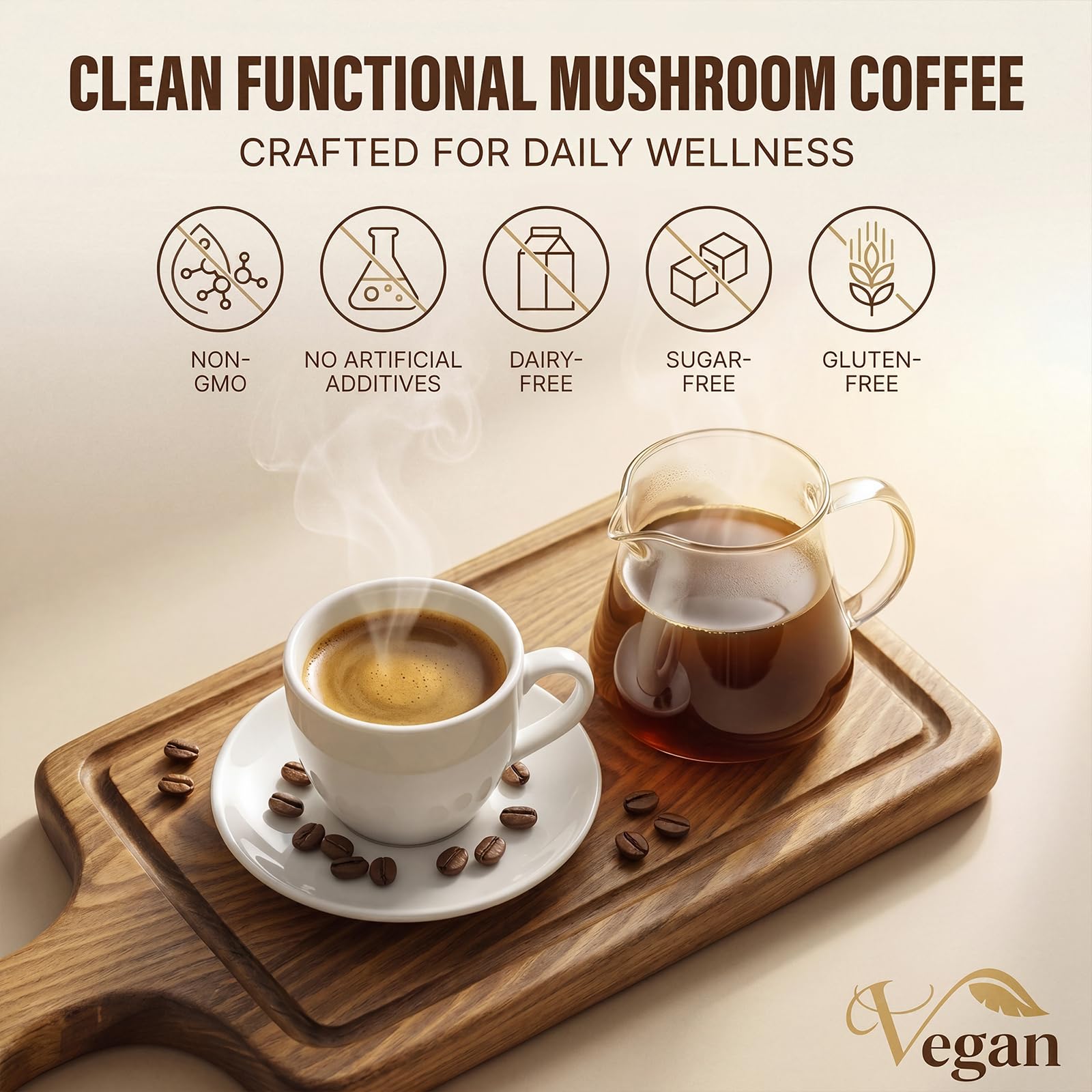 Mushroom Coffee, 2000mg Organic Instant Coffee with 6 Adaptogenic Mushrooms (Lion’s Mane & Turkey Tail), with MCT Oil & Coconut, for Focus, Energy, Digestion & Immune Support, 30 Servings