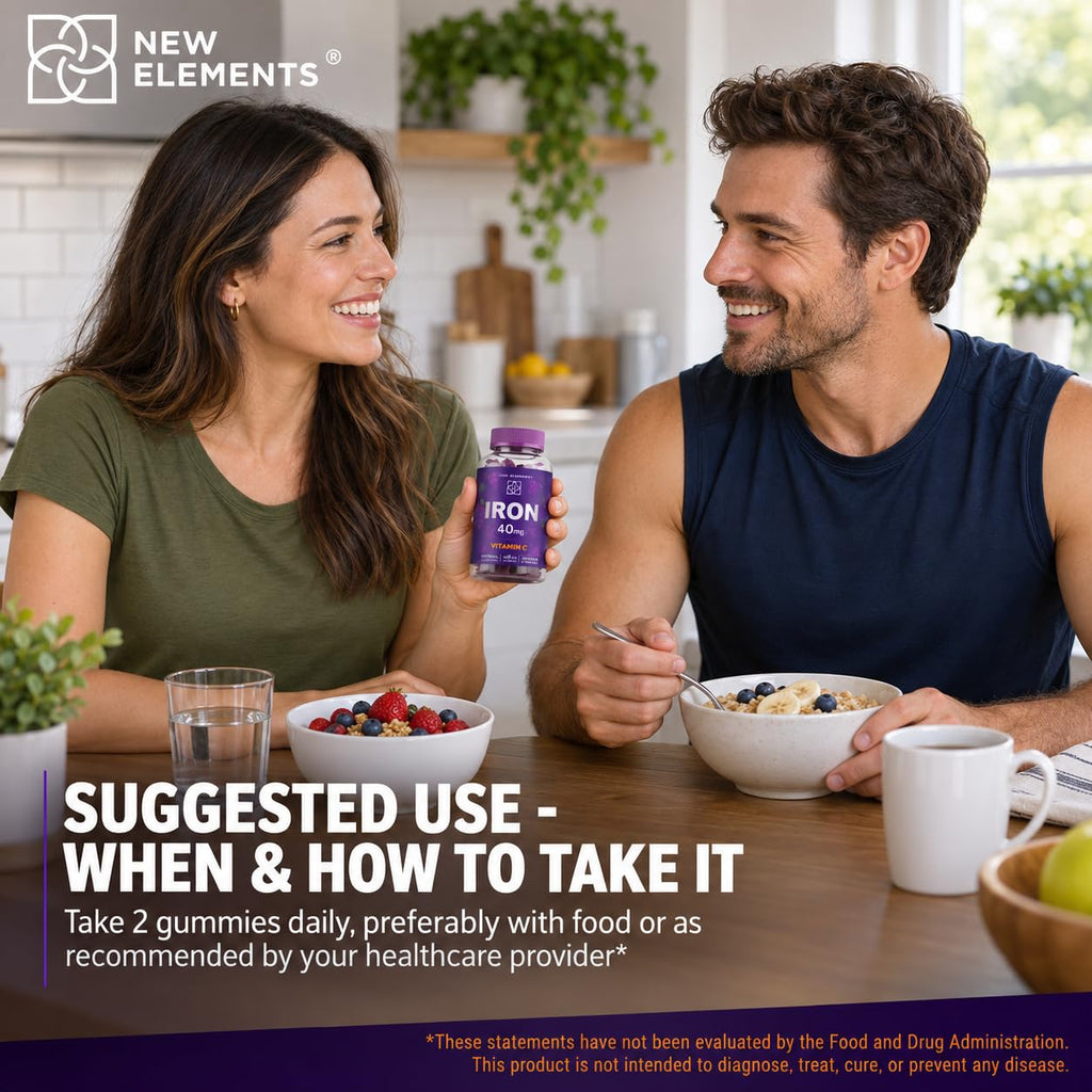 New Elements Iron Gummies 40mg with Vitamin C 100mg – Best Iron Supplement for Women, Men & Adults – Free Blood Builder for Anemia – Immune Support & Energy Booster | Fruit Pectin | Vegan | Non-GMO