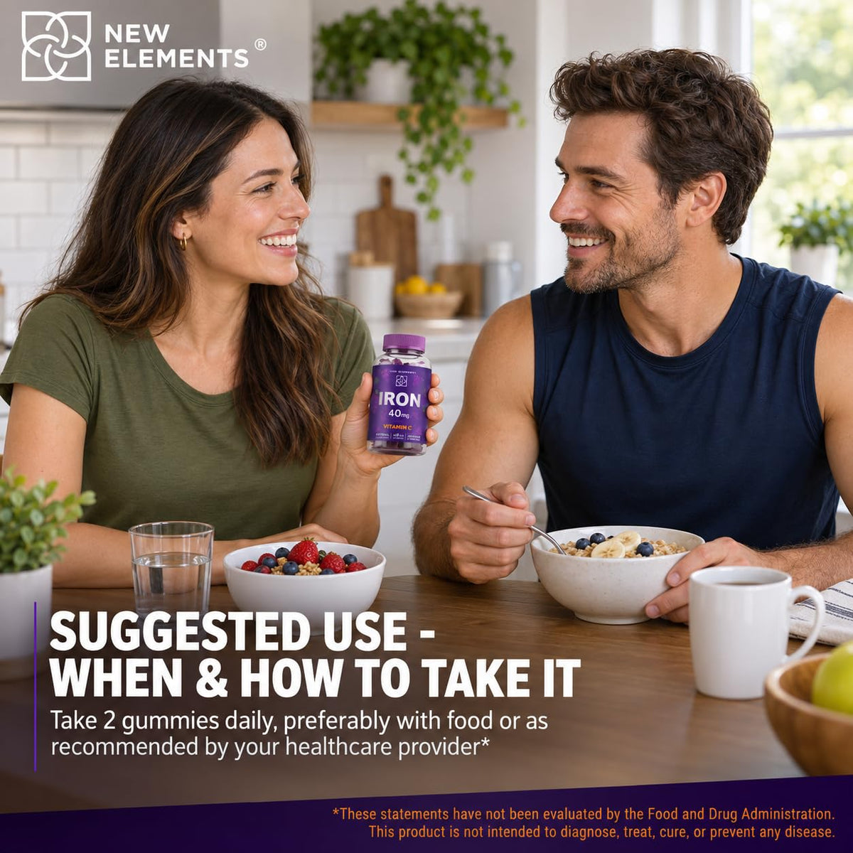 New Elements Iron Gummies 40mg with Vitamin C 100mg – Best Iron Supplement for Women, Men & Adults – Free Blood Builder for Anemia – Immune Support & Energy Booster | Fruit Pectin | Vegan | Non-GMO