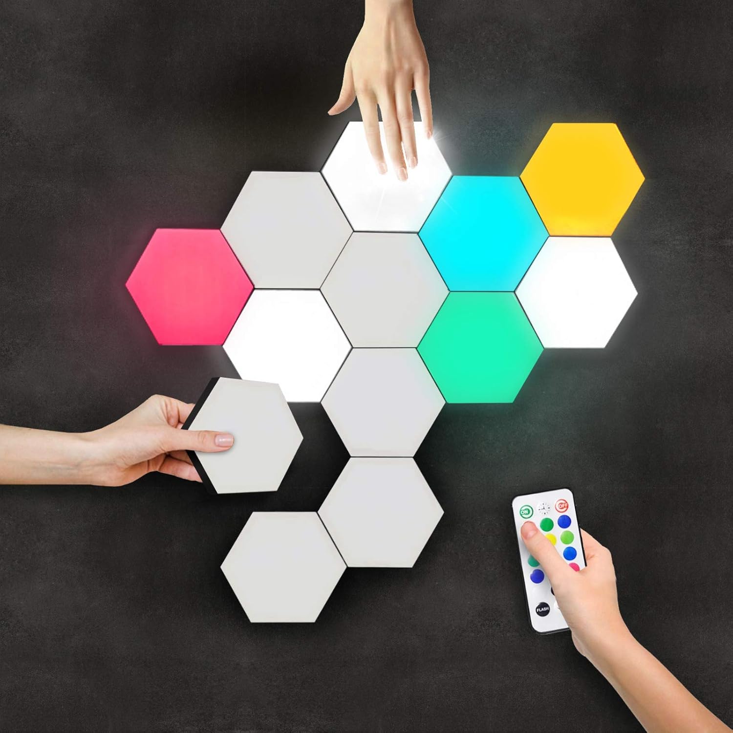 Buy now Hexagon Lights | Premium Set of LED Wall Lights | Modular, Touch-Sensitive and Remote-Controlled RGB Lighting | Aesthetic Room Decor | Perfect Decoration for Living and Bedroom | 13 Colors Default at indiglob india