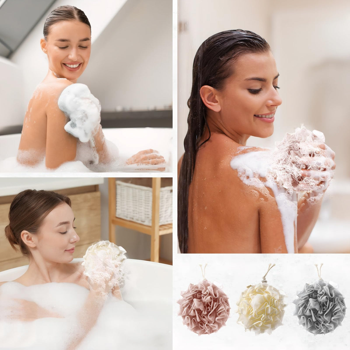 3 PCS Bar Soap Loofah Pouch, New 2 in 1 Drawstring Loofah Soap Holder, Exfoliation Mesh Shower Ball for Cleansing and Smooth Skin (Beige+Grey+Pink)