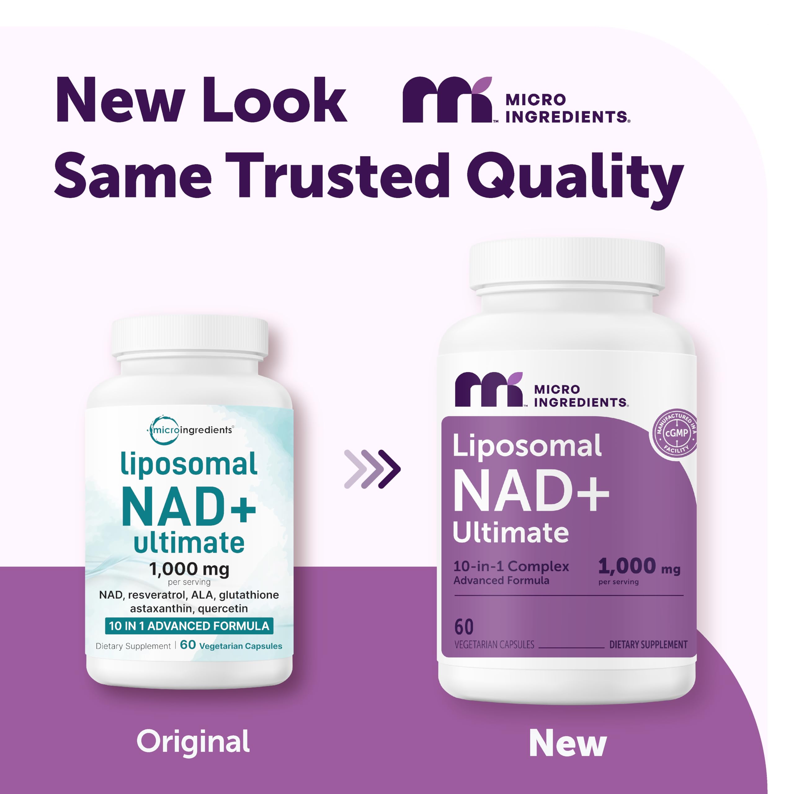 Micro Ingredients Liposomal NAD+ Complex 1,000 mg Per Serving, 60 Capsules | 10-in-1 with Resveratrol, Glutathione, ALA & Astaxanthin. NMN Supplement Alternative for Women & Men. Vegetarian, Non-GMO.