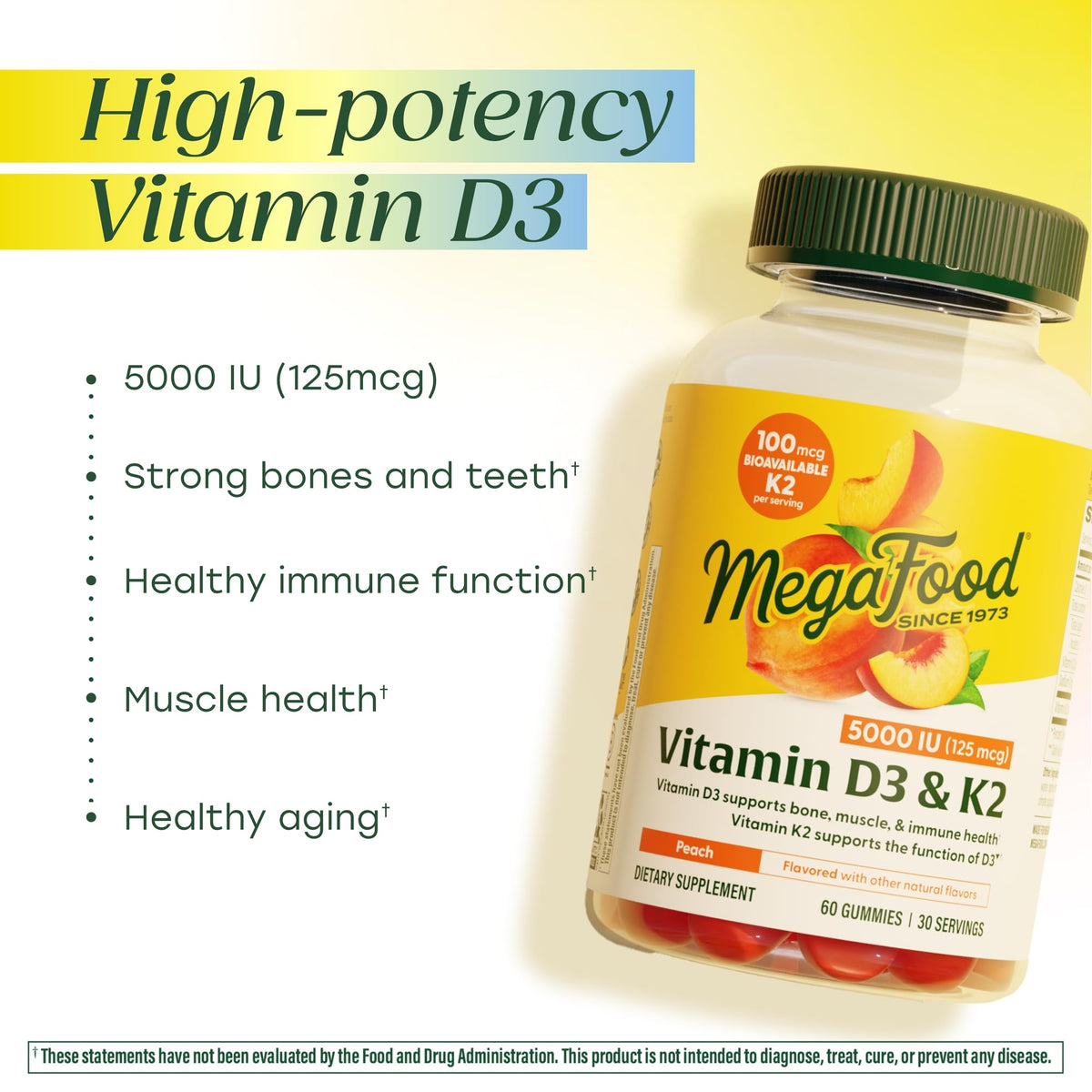 MegaFood Vitamin D3 K2, Bone, Muscle & Immune Health, Peach, 60 Gummies