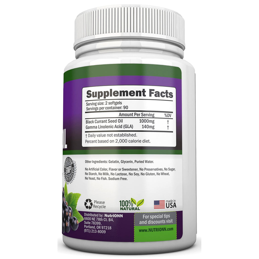 Black Currant Oil - 1000 Mg - 180 Softgels - Cold-Pressed Pure Black Currant Seed Oil - Hexane Free - 140mg GLA Per Serving - Regulates Hormonal Balance - Great For Immune System, Hair and Skin