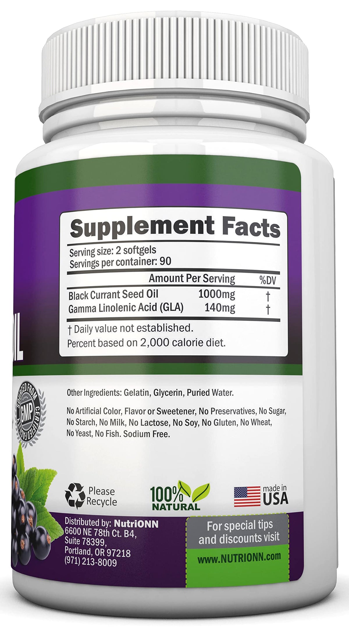 Black Currant Oil - 1000 Mg - 180 Softgels - Cold-Pressed Pure Black Currant Seed Oil - Hexane Free - 140mg GLA Per Serving - Regulates Hormonal Balance - Great For Immune System, Hair and Skin