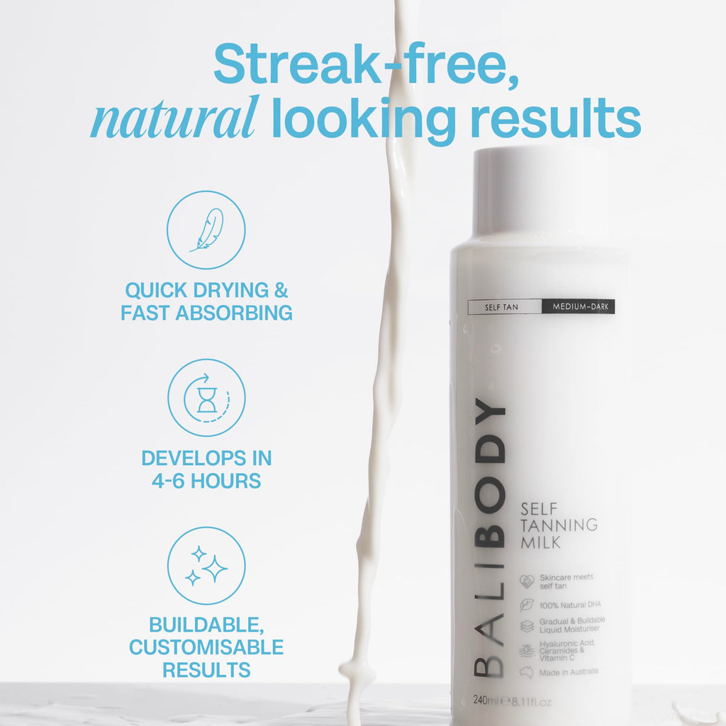 Bali Body Self Tan Milk, Buildable Long-Lasting Gradual Tanning Lotion & Vegan Self Tanner, Lightweight Hydrating Formula, Streak-Free Natural Glow, Cruelty-Free Australian Made, 240ml/8.1 fl oz