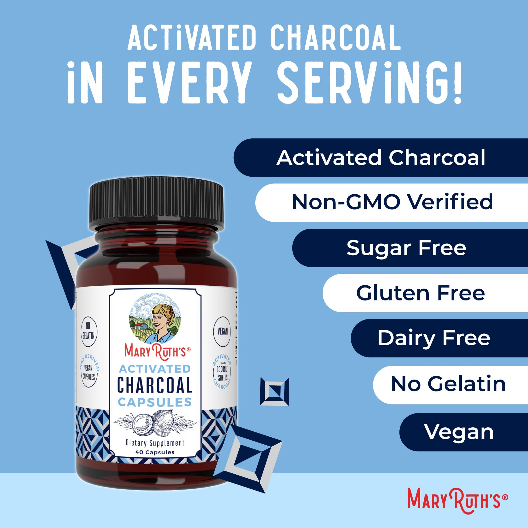 MARYRUTH'S Activated Charcoal Capsules, 950 mg, Non-GMO, Vegan, 40 Count | Substance Adsorption, Derived from Coconut Shells, Vegan Capsules from Pine Trees, Gluten Free