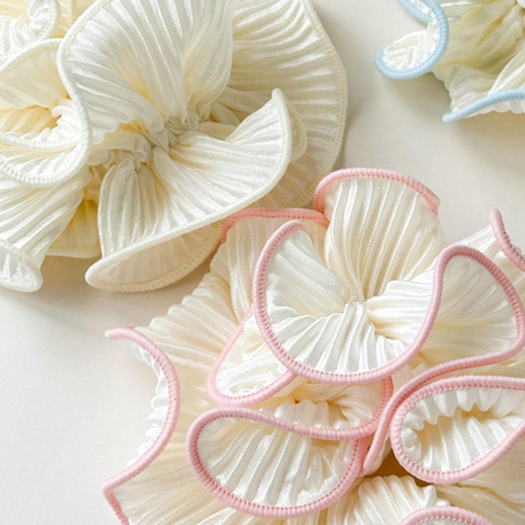 4 Pack Oversized Puffy Hair Scrunchies, 4.72 Inch Double Layer Pleated Ruffle Design, White with Colored Trim, Extra Large Hair Ties for Buns Ponytail Holders for Voluminous Look
